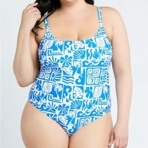 Time and Tru Blue and White Floral One Piece Swimsuit
